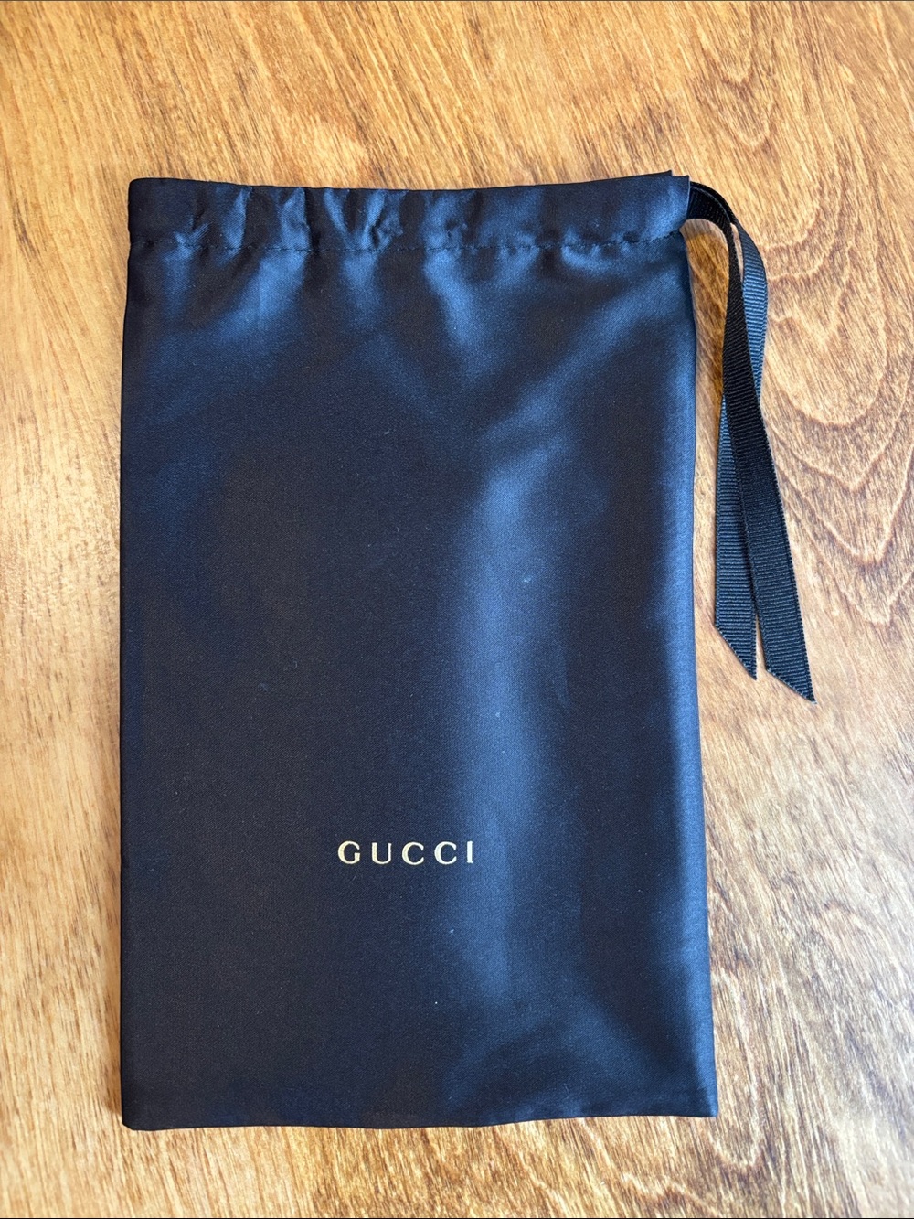 Gucci Black Satin Drawstring Pouch with Gold Logo